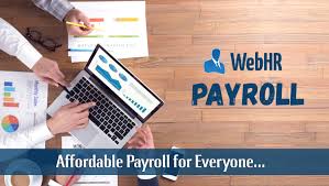 "People working on payroll reports with a laptop and charts on a wooden desk, with WebHR Payroll logo and tagline 'Affordable Payroll for Everyone'."